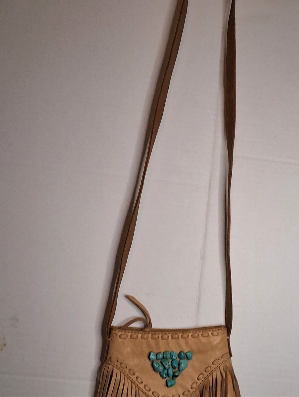 Lucky Brand Tan Leather Fringe Crossbody Bag Turquoise Boho Southwestern Purse - Picture 12 of 13